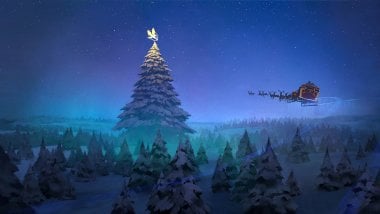 Árbol Navidad con Trineo de Santa Claus Volando Fondo de pantalla