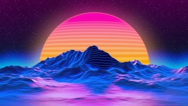 Retrowave mountains of star lines and sun Wallpaper