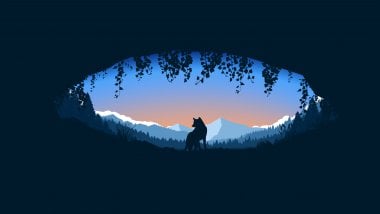 Wolf in cave over mountains Wallpaper