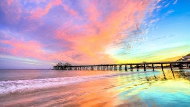 Sunset at pier in California\'s Beach Wallpaper