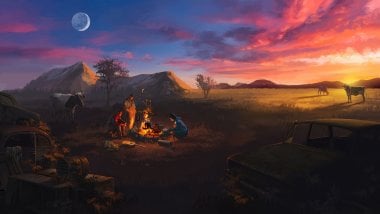 Bonfire while camping at sunset artwork Wallpaper