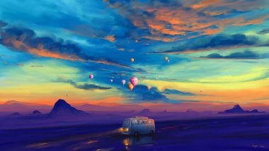 Van and hot air balloon in colourful sunset Wallpaper