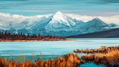Montañas y lago como arte digital Fondo de pantalla