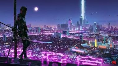 Ninja Katana Sci-Fi City Neon Lights Wallpaper