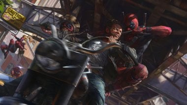 Deadpool en pelea con Wolverine en motocicleta Fondo de pantalla