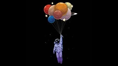 Astronaut with balloons as planets Wallpaper