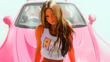Girl in car illustration Wallpaper