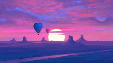 Landscape of air balloons at sunset Wallpaper