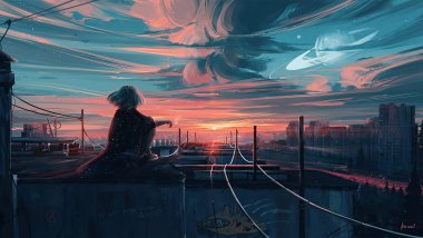 Girl looking at the sunset Illustration Wallpaper