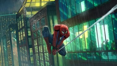 El hombre araña balanceandose entre edificios Fondo de pantalla