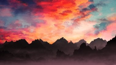 Pintura de Montañas con neblina al atardecer Fondo de pantalla