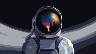 Astronaut with landscape reflected in helmet Wallpaper