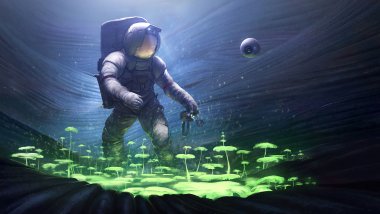 Scifi astronaut planting trees underwater Wallpaper