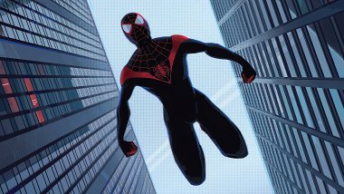 Spiderman Miles Morales falling between buildings Wallpaper