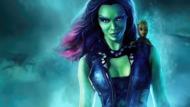 Gamora con Groot bebé de Guardianes de la Galaxia Fondo de pantalla
