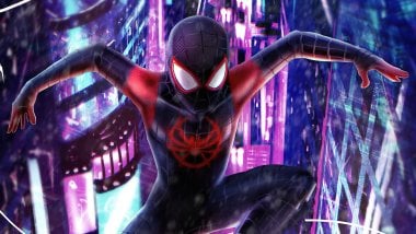 Ilustración de Spiderman negro en ciudad Fondo de pantalla