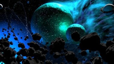 Planets surrounded by asteroids Wallpaper