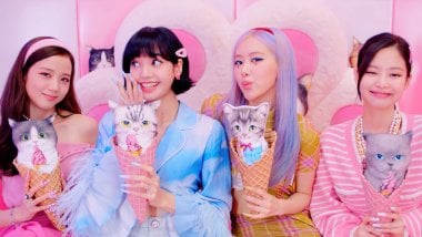 Girls from Blackpink with kittens in cones Wallpaper