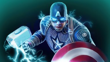 Captain America with shield and Thor\'s hammer Wallpaper