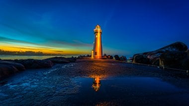 Lighthouse in beach at sunset Wallpaper