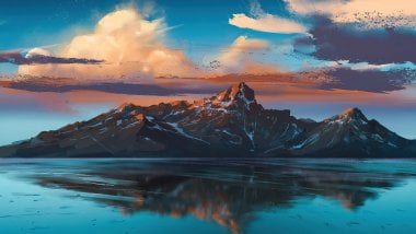 Ilustración de Montaña en lago al amanecer Fondo de pantalla