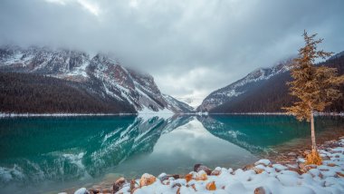 Lake with fog in Louise Canada Wallpaper