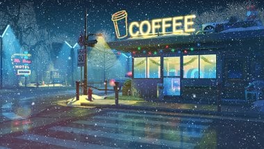 Coffee shop at winter during nightime Digital Art Wallpaper