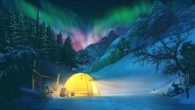Acampando durante el invierno con auroras polares de fondo Fondo de pantalla