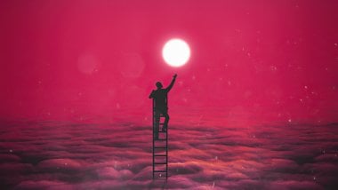 Boy ascending stairs to the moon Wallpaper
