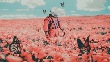 Astronauta entre flores y mariposas Fondo de pantalla