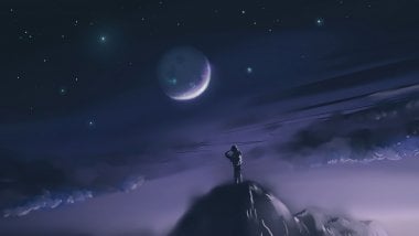 Man on mountain looking at the moon Digital Art Wallpaper