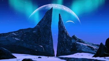 Aurora Borealis with mountains and moon in the background Wallpaper