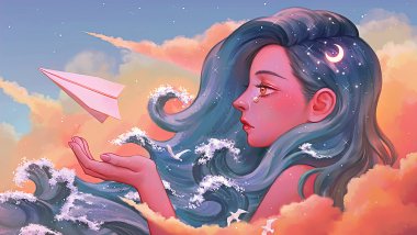 Chica con cabello como olas y avión de papel Fondo de pantalla