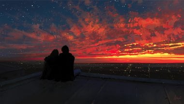 Couple silhouette watching sunset Wallpaper