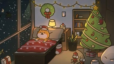 Shiba durmiendo en habitación navideña Fondo de pantalla
