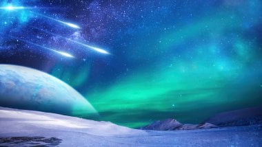 Aurora polar con estrellas fugaces y planeta de fondo Fondo de pantalla