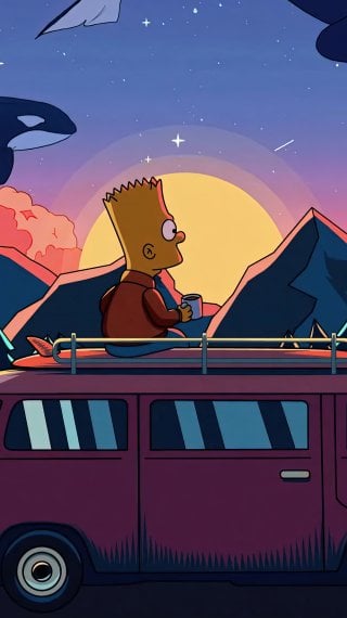 Bart Simpson with coffee at sunrise Wallpaper