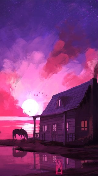Cabin in forest Pink sunset Wallpaper
