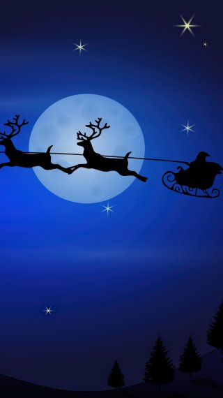 Santa Claus con sus renos entre la luna y estrellas Fondo de pantalla