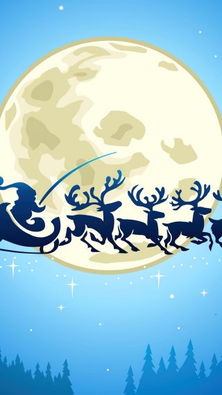 Santa y sus renos entre bosque y luna llena Fondo de pantalla