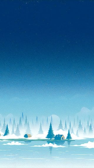 Village in forest with lake in winter Wallpaper