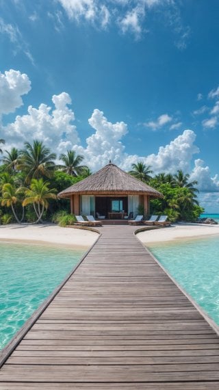 Exclusive tropical island with cabana, palm trees and lush vegetation Wallpaper