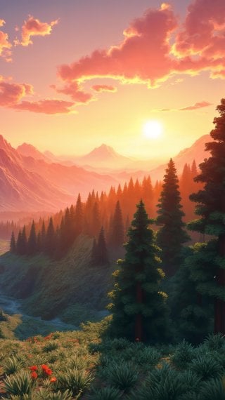 Atardecer en bosque entre montañas Fondo de pantalla