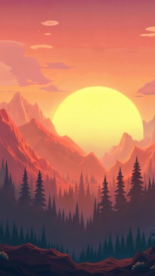 Ilustración sol al atardecer entre bosque y montañas Fondo de pantalla