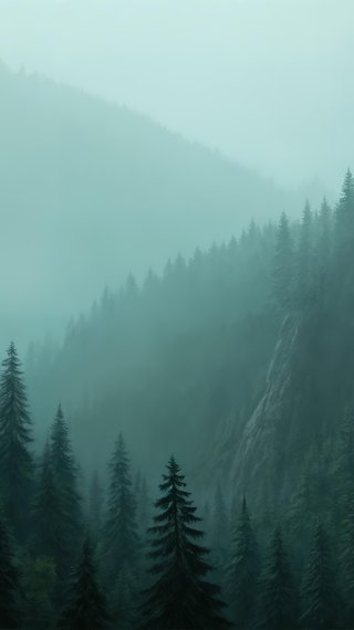 Bosque con grandes pinos en niebla Fondo de pantalla