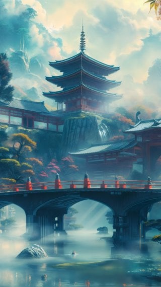 Landscape with traditional Japanese architecture, including pagodas, temples and a bridge Wallpaper