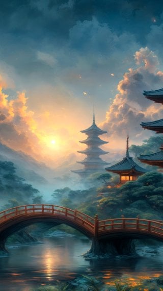 Landscape with traditional Japanese architecture Wallpaper