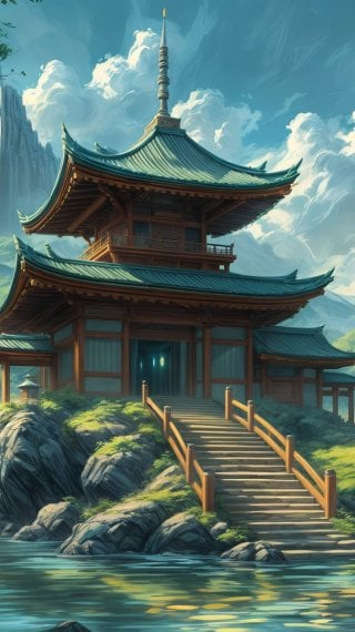 Paisaje japonés con templos, pagodas y un puente. Fondo de pantalla