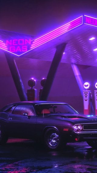 Dodge Challenger gas station neon lighting Wallpaper