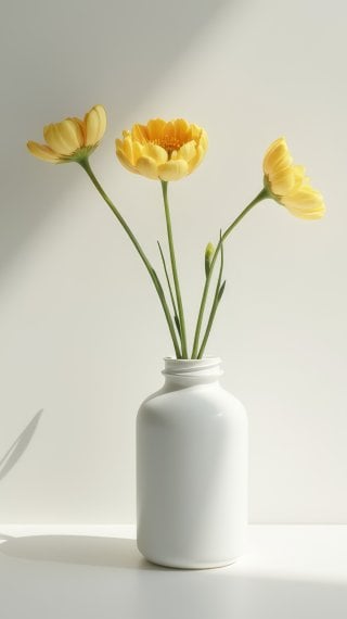 Minimalist photography of flowers in a vase against a neutral background Wallpaper